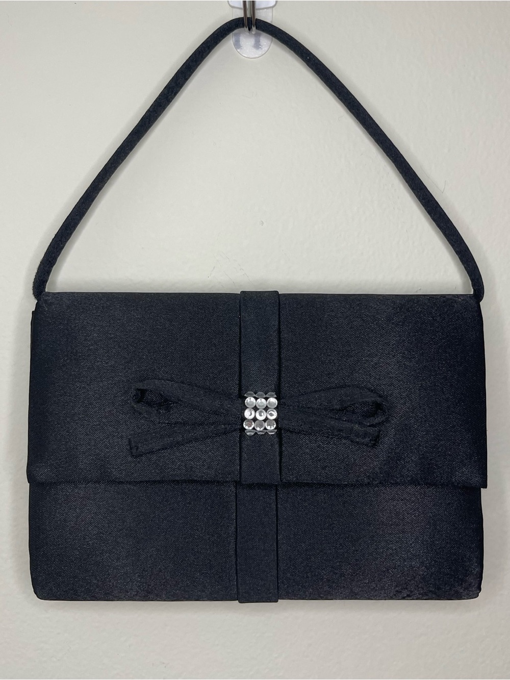 Jessica McClintock Black Satin Bow Rhinestone Evening Bag Clutch Crossbody Purse